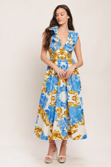 BAROQUE BLOOM BLUE MIDI DRESS - FINAL SALE