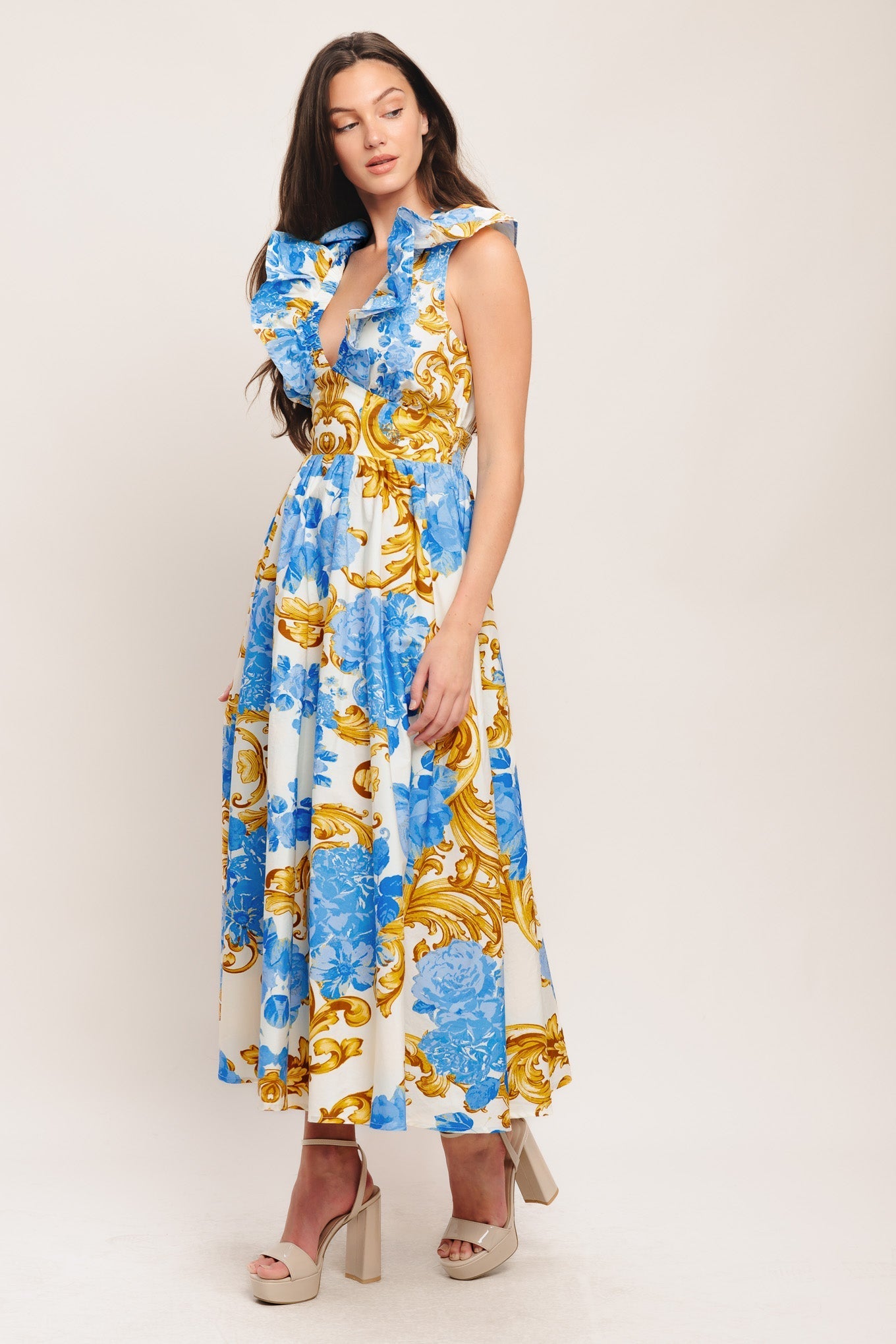 BAROQUE BLOOM BLUE MIDI DRESS - FINAL SALE
