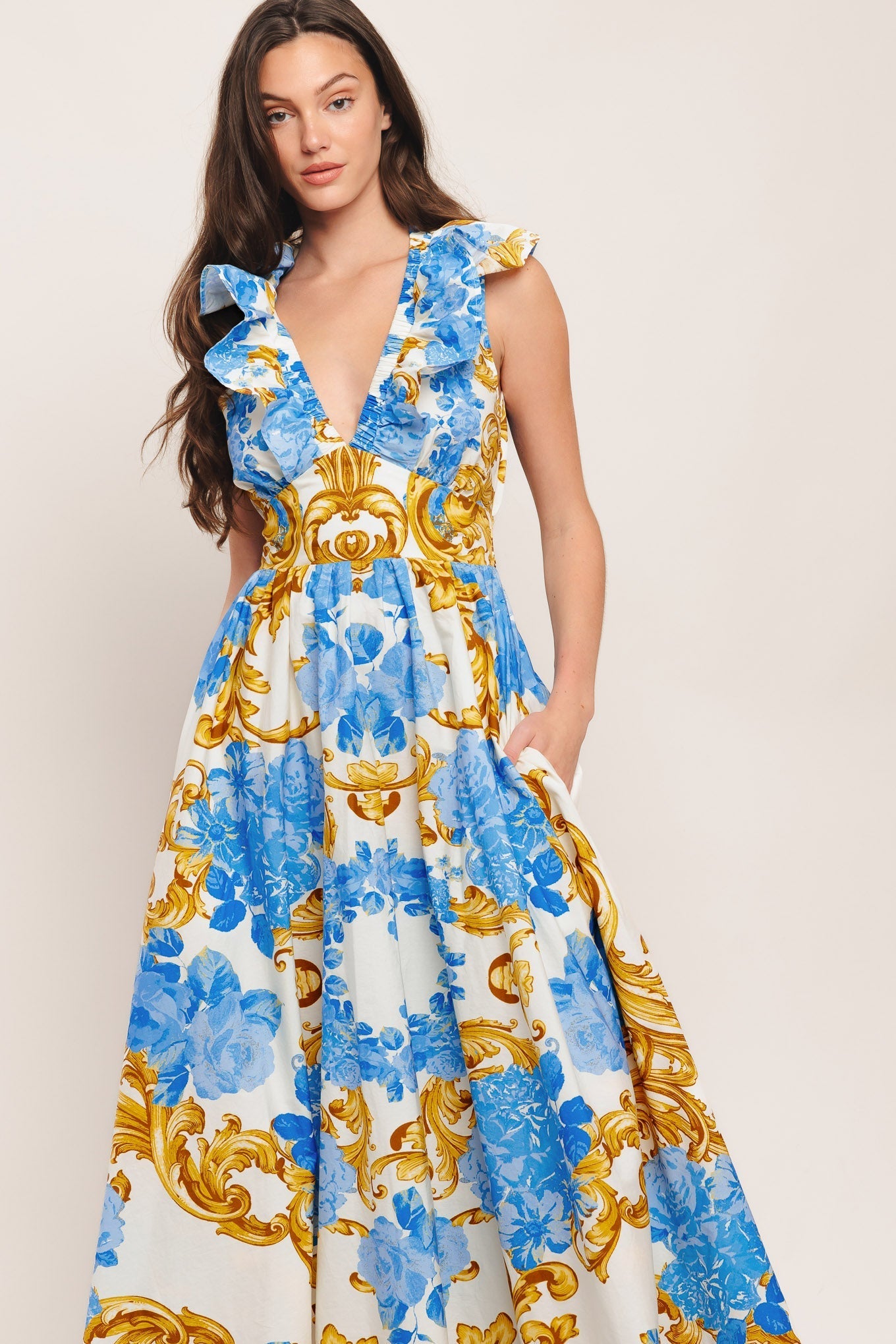 BAROQUE BLOOM BLUE MIDI DRESS - FINAL SALE