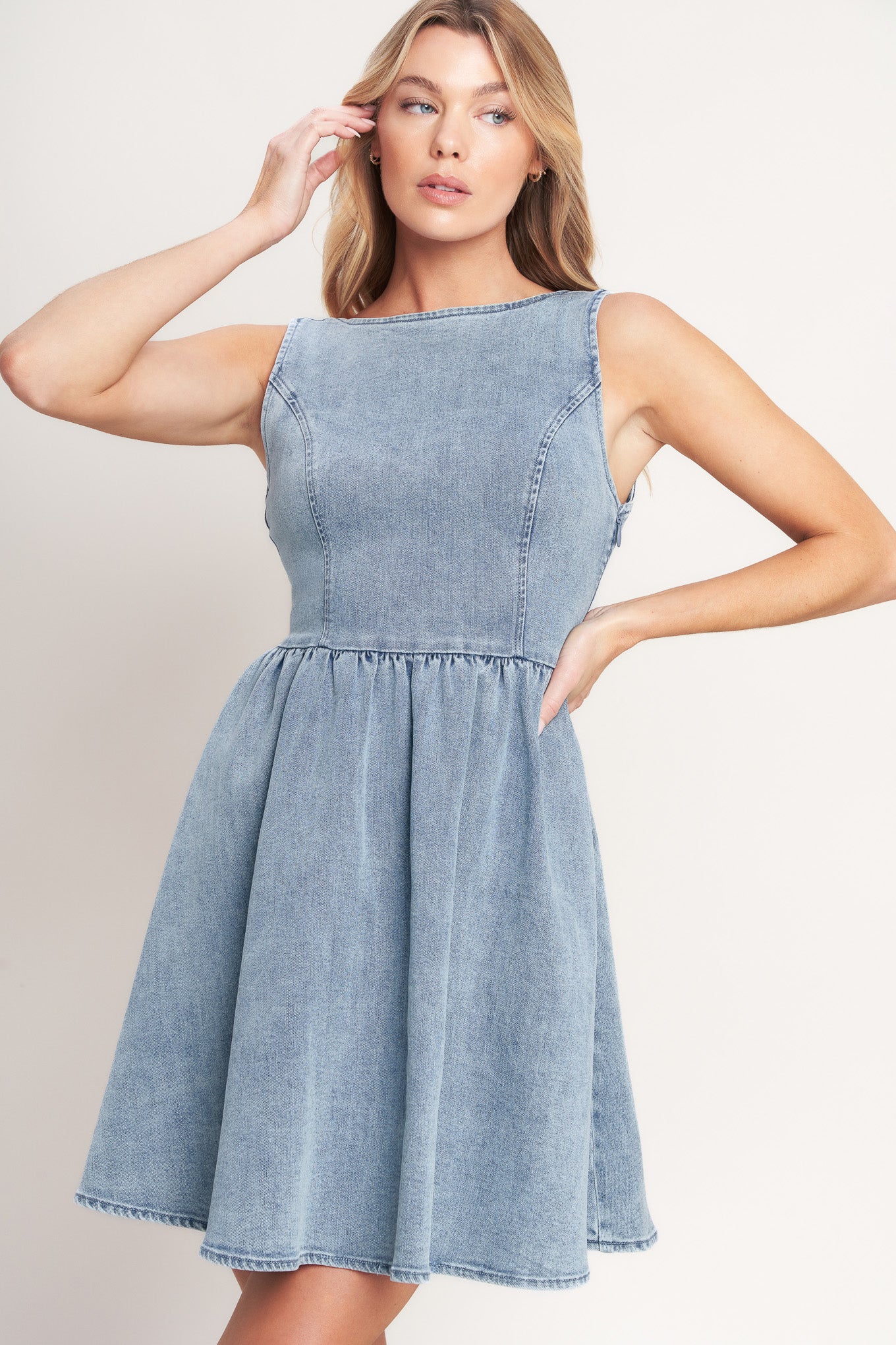 CASUAL POLISHED DENIM MINI DRESS - FINAL SALE
