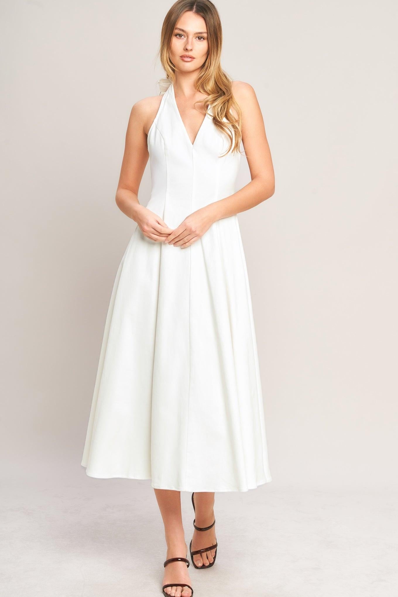 SERENE MOMENT WHITE HALTER MIDI DRESS - FINAL SALE