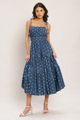 NAUTICAL POLKA DOT DENIM MIDI DRESS