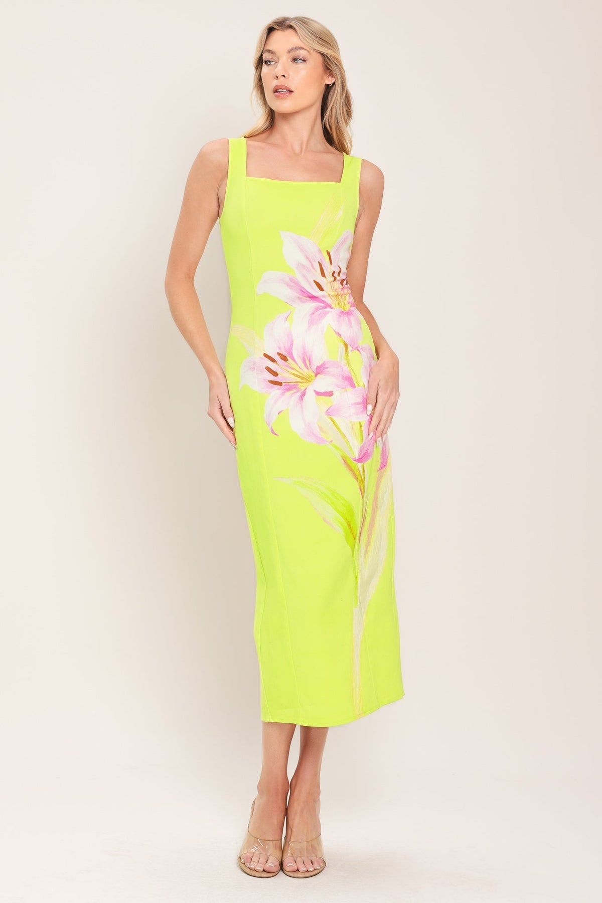 LUSH LIME MIDI DRESS WITH SQUARE NECKLINE