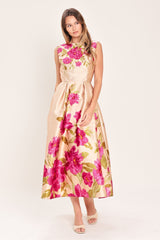 SOFT SATIN FLORAL PINK MIDI DRESS