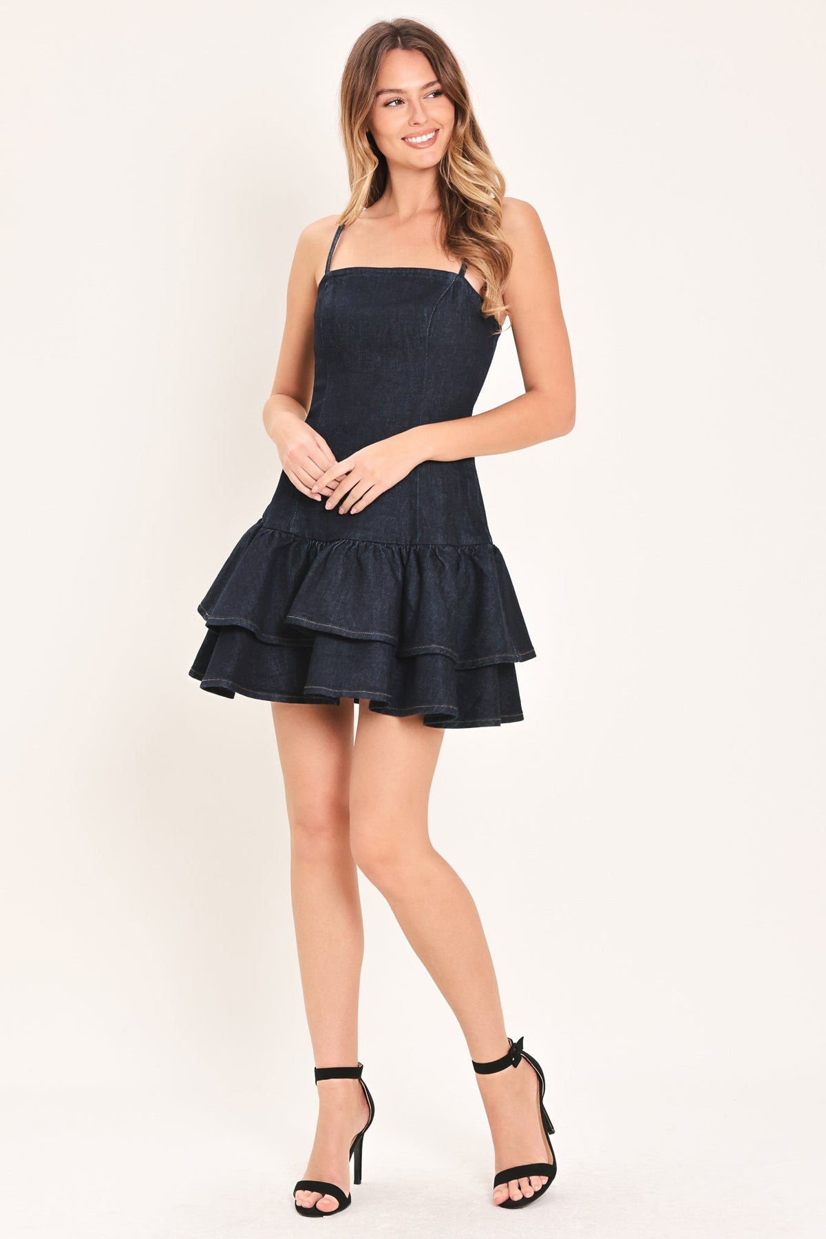 NIGHT OUT RUFFLE DENIM MINI DRESS
