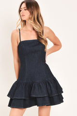 NIGHT OUT RUFFLE DENIM MINI DRESS