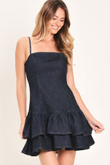 NIGHT OUT RUFFLE DENIM MINI DRESS