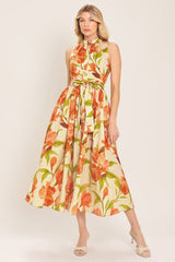 Apricot Sunset Midi Dress - Floral Button-Front Dress