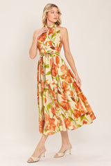 Apricot Sunset Midi Dress - Floral Button-Front Dress
