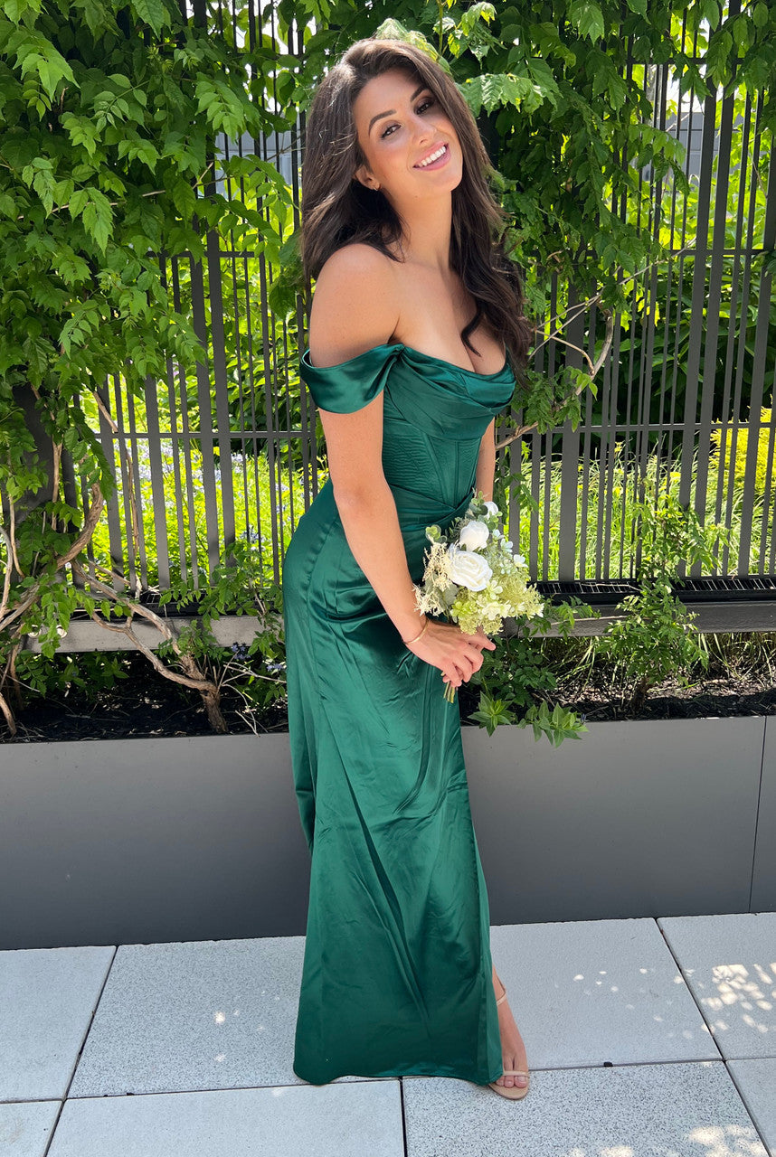 MABEL GOWN - OFF THE SHOULDER LUXE SATIN CORSET DRESS
