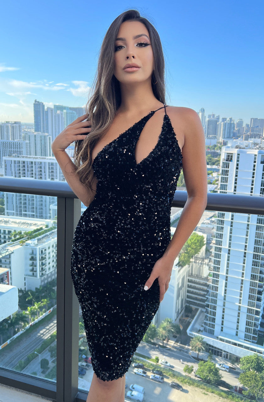 Size XS, Venice Midi Dress - Black Sequin Dress - FINAL SALE