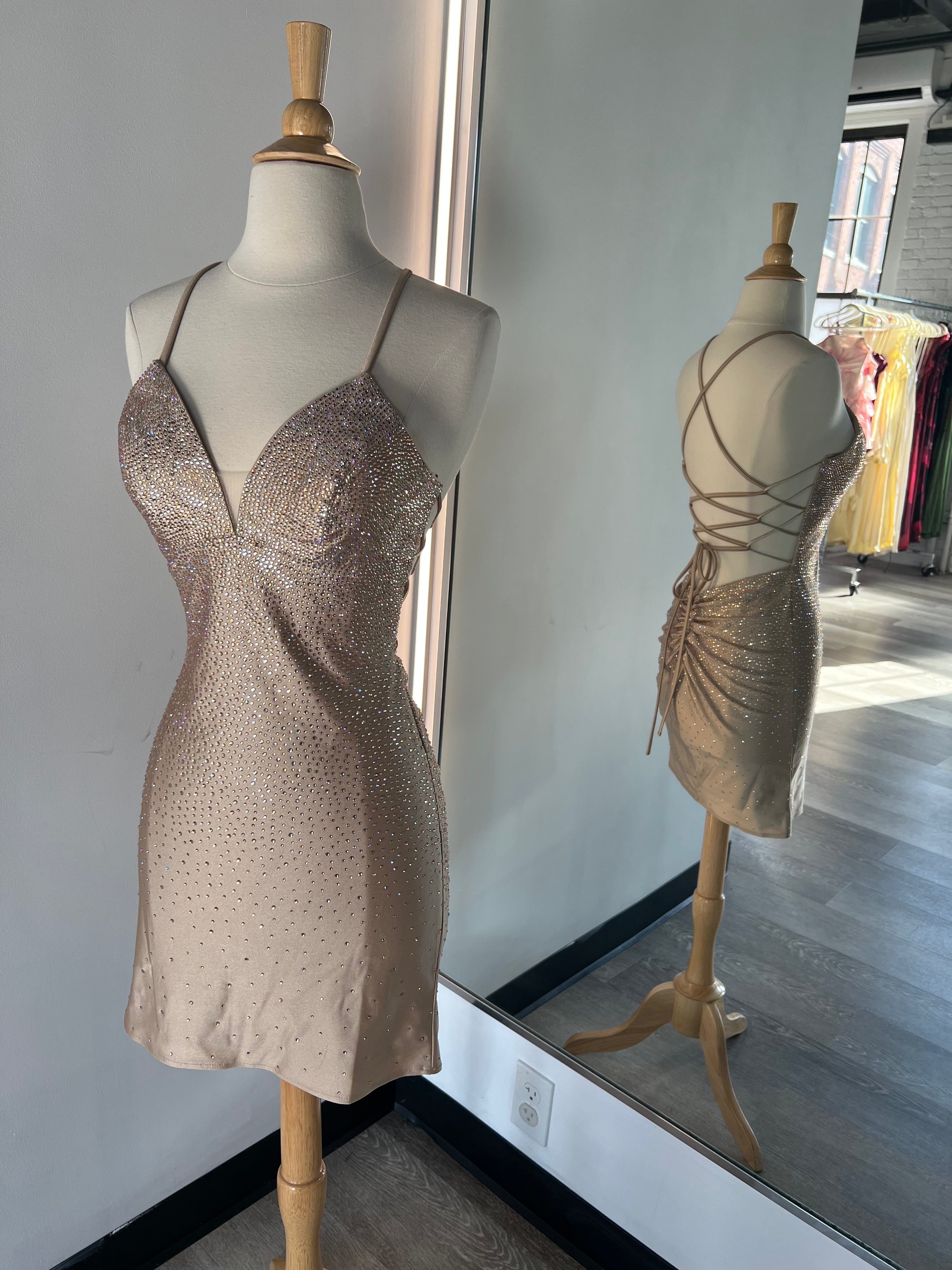 NOVALEE MINI - CHAMPAGNE - HOT STONE LACE-UP DRESS