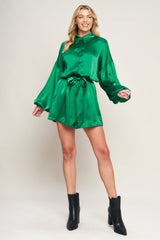 CELEBRATION TIME GREEN SATIN ROMPER WITH LONG SLEEVES - FINAL SALE