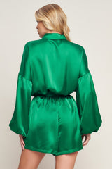 CELEBRATION TIME GREEN SATIN ROMPER WITH LONG SLEEVES - FINAL SALE