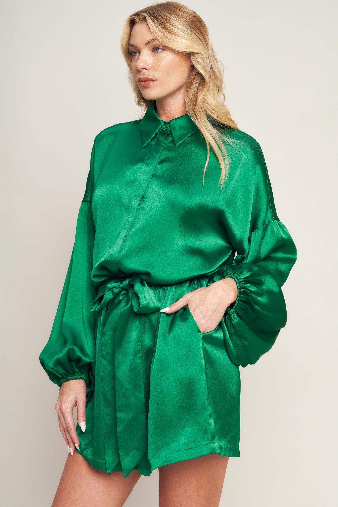 CELEBRATION TIME GREEN SATIN ROMPER WITH LONG SLEEVES - FINAL SALE