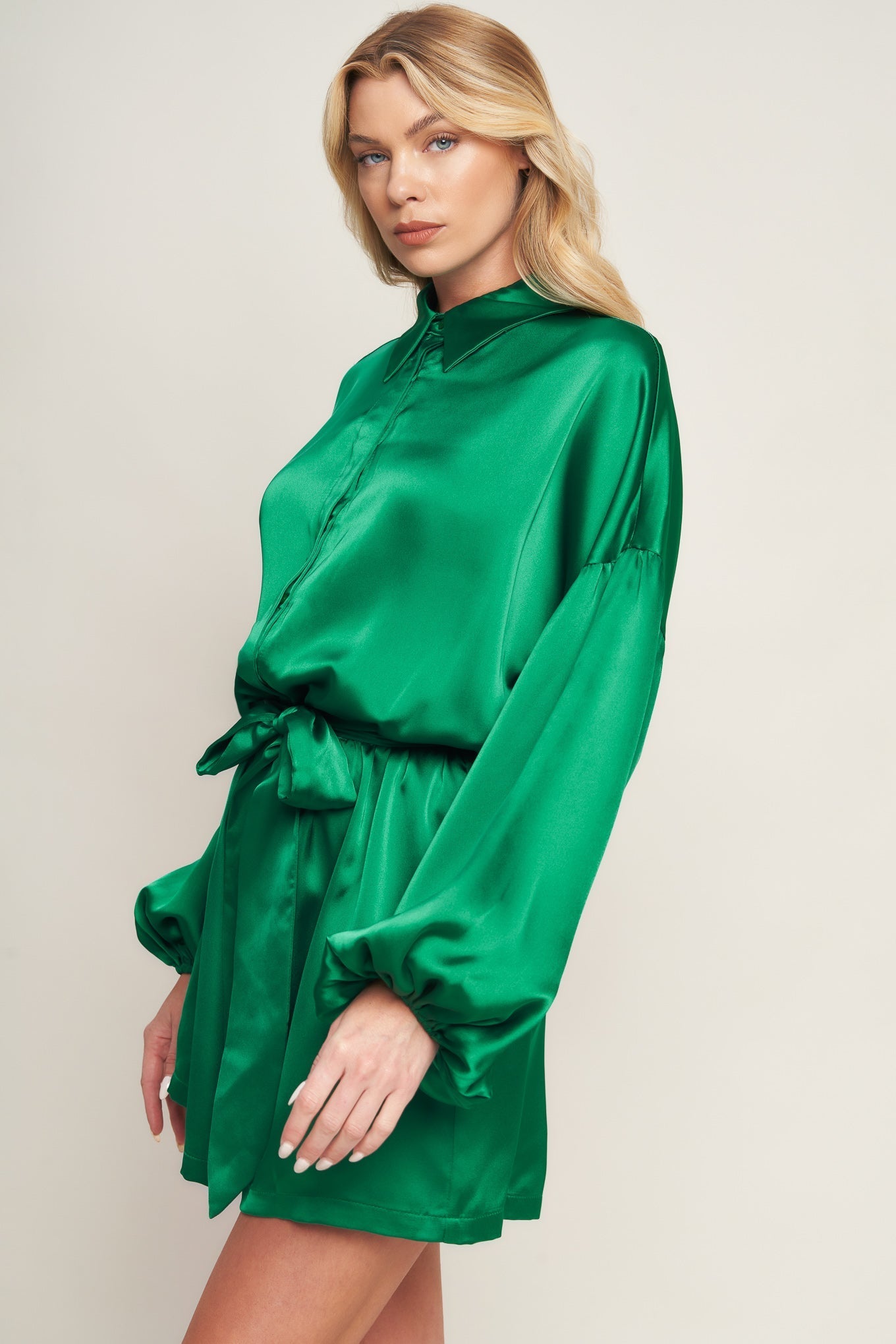 CELEBRATION TIME GREEN SATIN ROMPER WITH LONG SLEEVES - FINAL SALE