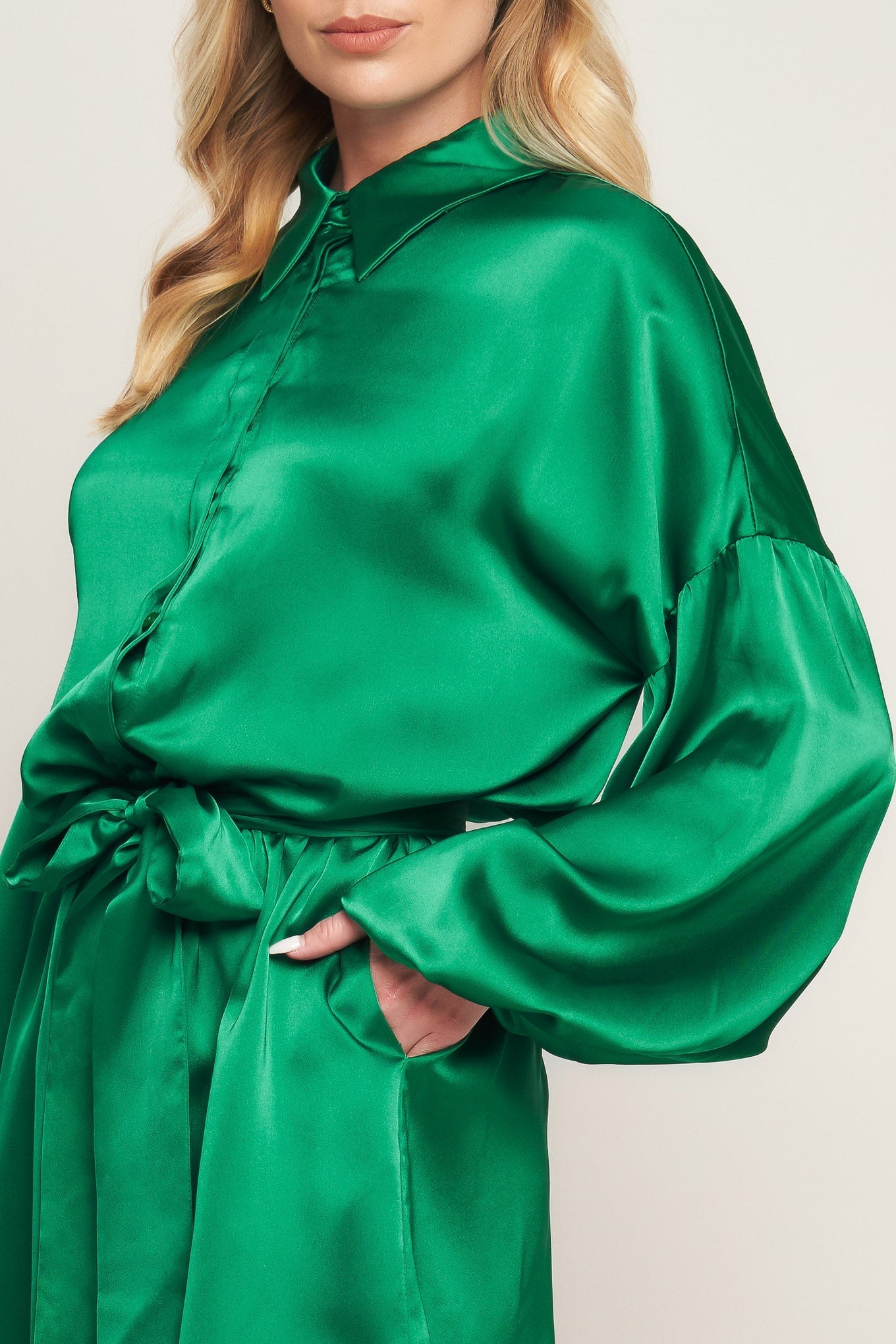 CELEBRATION TIME GREEN SATIN ROMPER WITH LONG SLEEVES - FINAL SALE