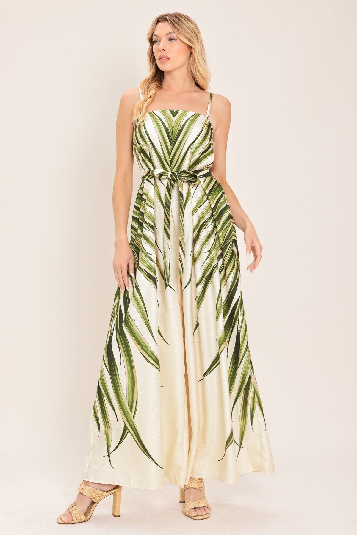 LEAFY PRINT WIDE LEG JUMPSUIT WITH POCKETS