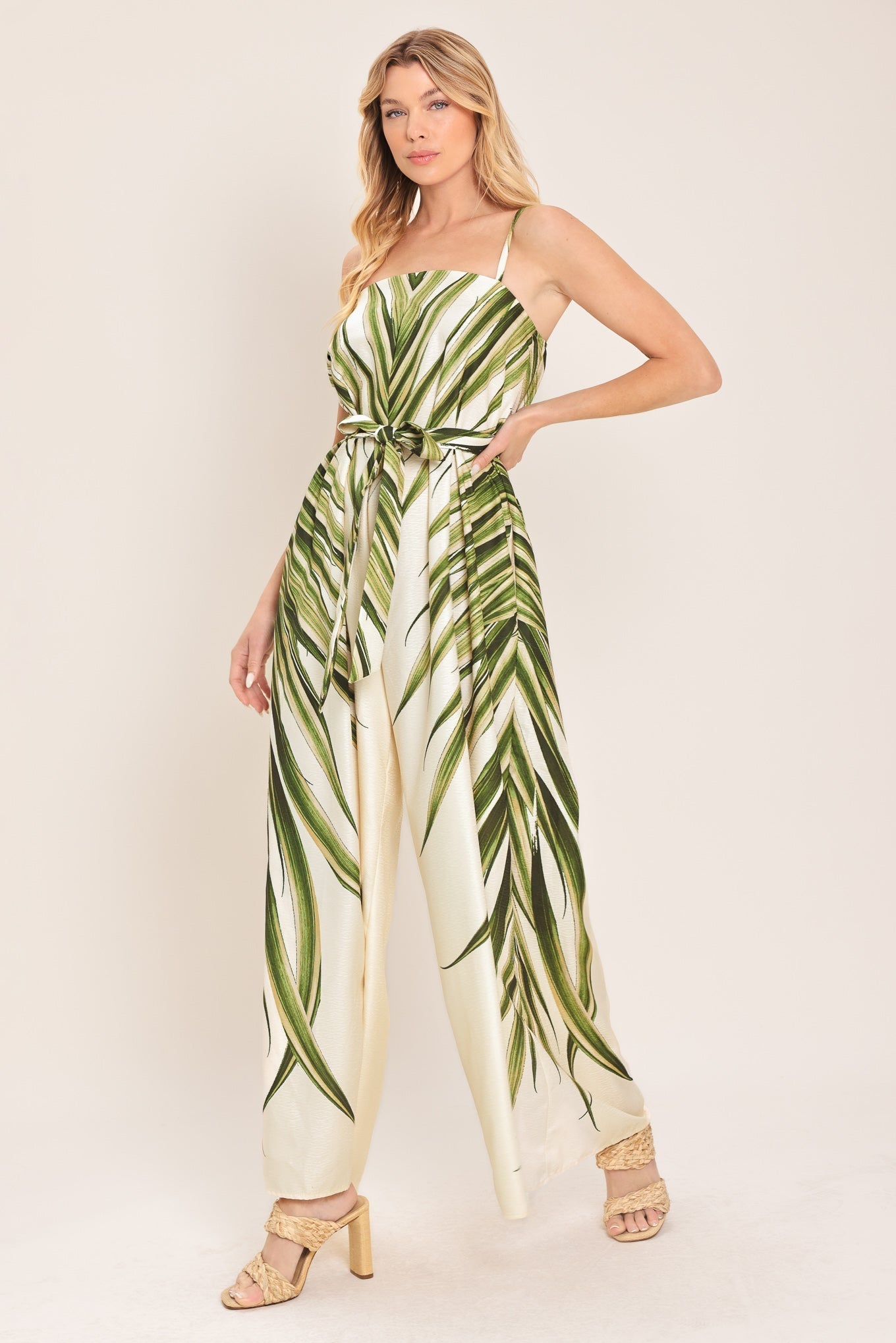 LEAFY PRINT WIDE LEG JUMPSUIT WITH POCKETS