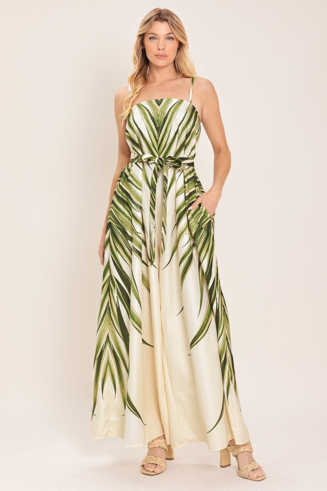 LEAFY PRINT WIDE LEG JUMPSUIT WITH POCKETS