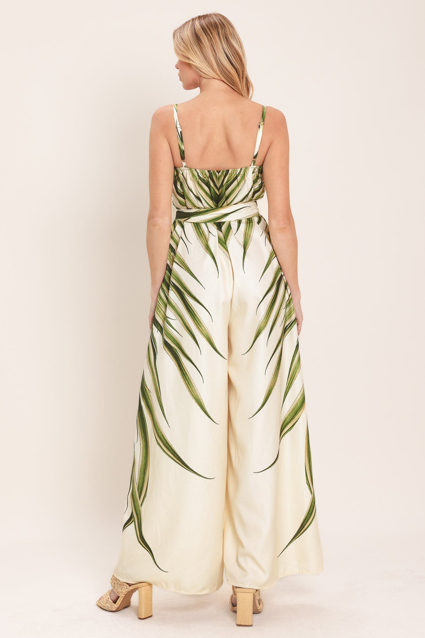 LEAFY PRINT WIDE LEG JUMPSUIT WITH POCKETS