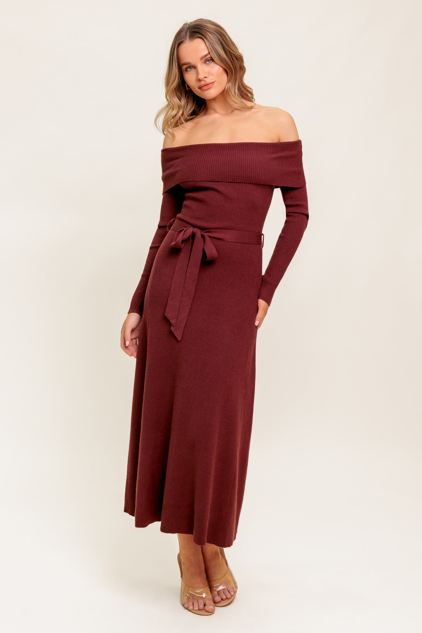 RUSTIC RETREAT - OFF THE SHOULDER SWEATER DRESS