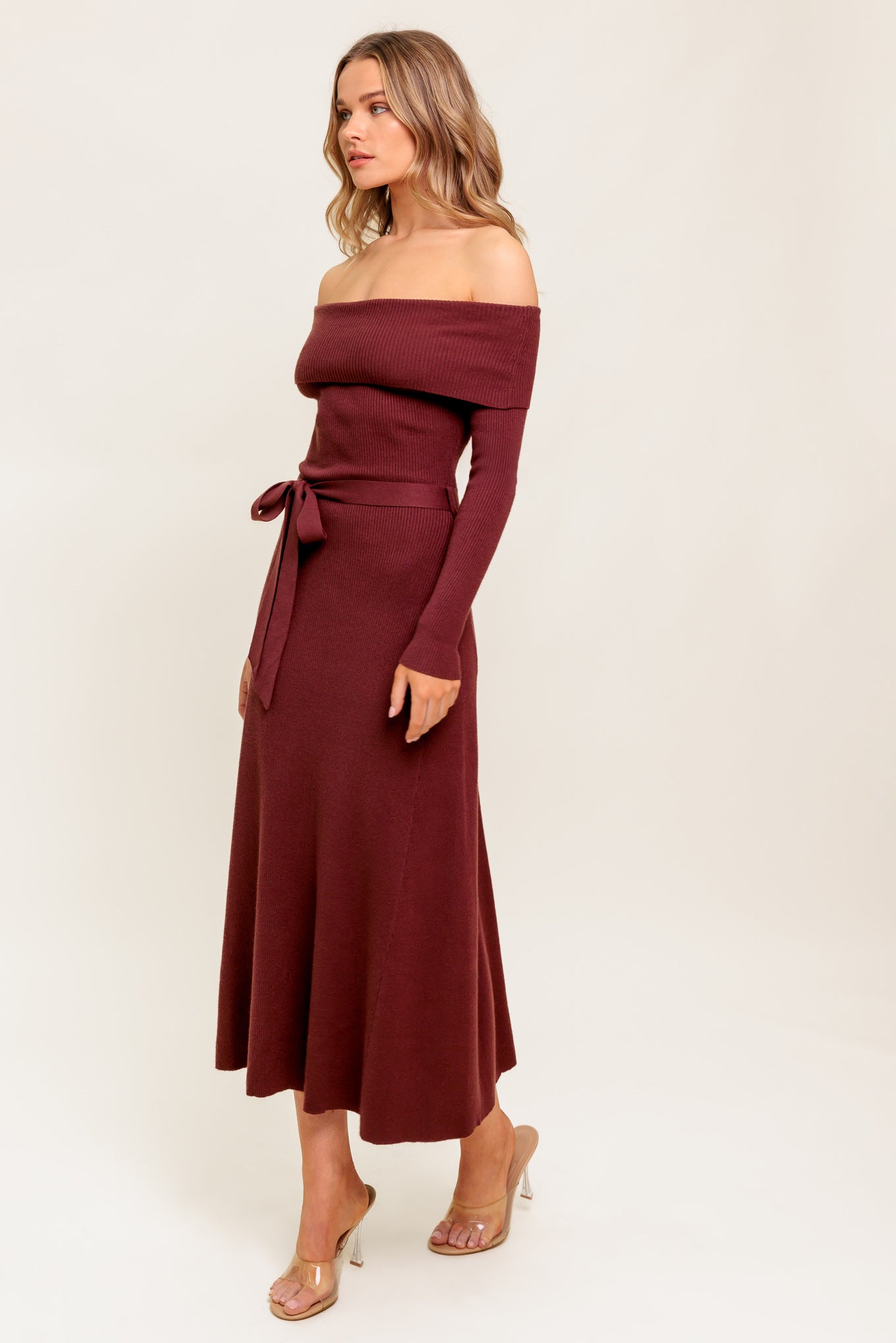 RUSTIC RETREAT - OFF THE SHOULDER SWEATER DRESS