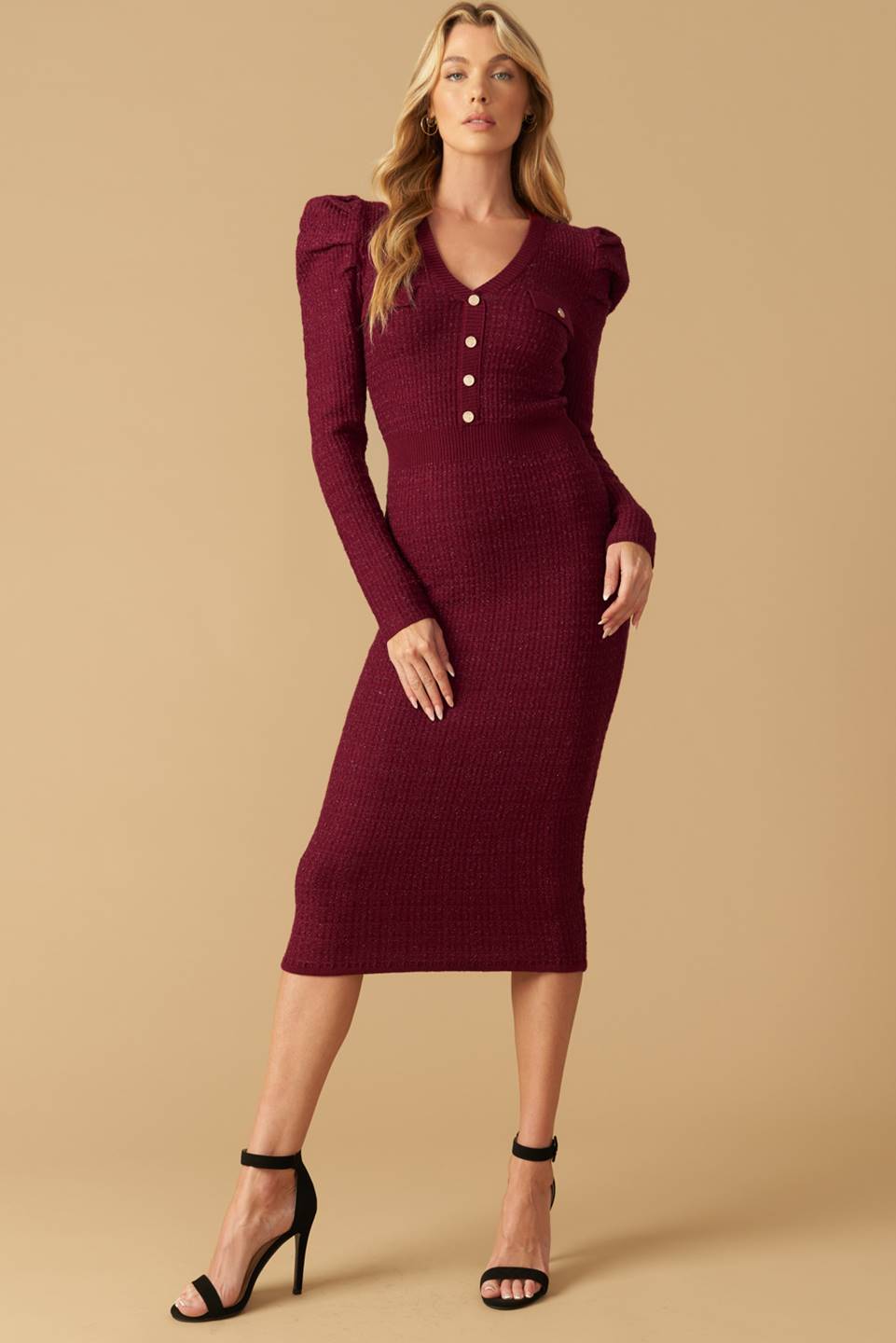 Size Small, YOUNG LOVE - BURGUNDY - PUFF SLEEVE SWEATER DRESS - FINAL SALE
