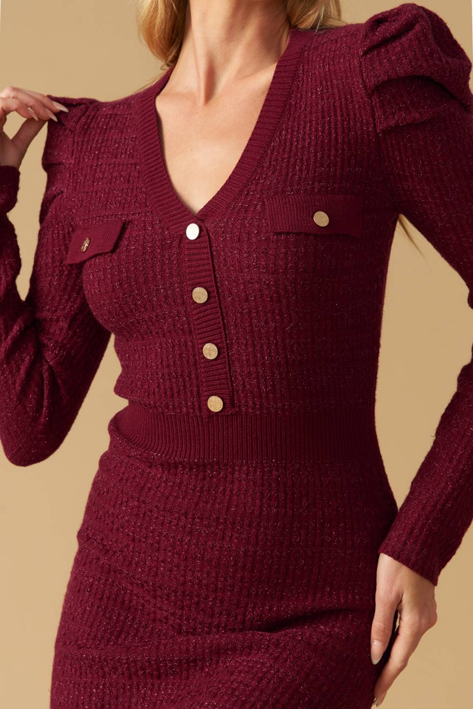 Size Small, YOUNG LOVE - BURGUNDY - PUFF SLEEVE SWEATER DRESS - FINAL SALE