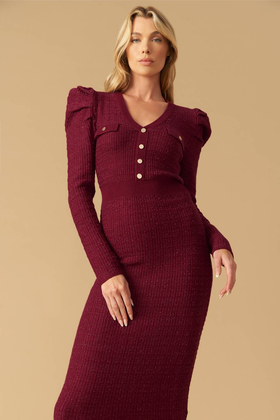 Size Small, YOUNG LOVE - BURGUNDY - PUFF SLEEVE SWEATER DRESS - FINAL SALE