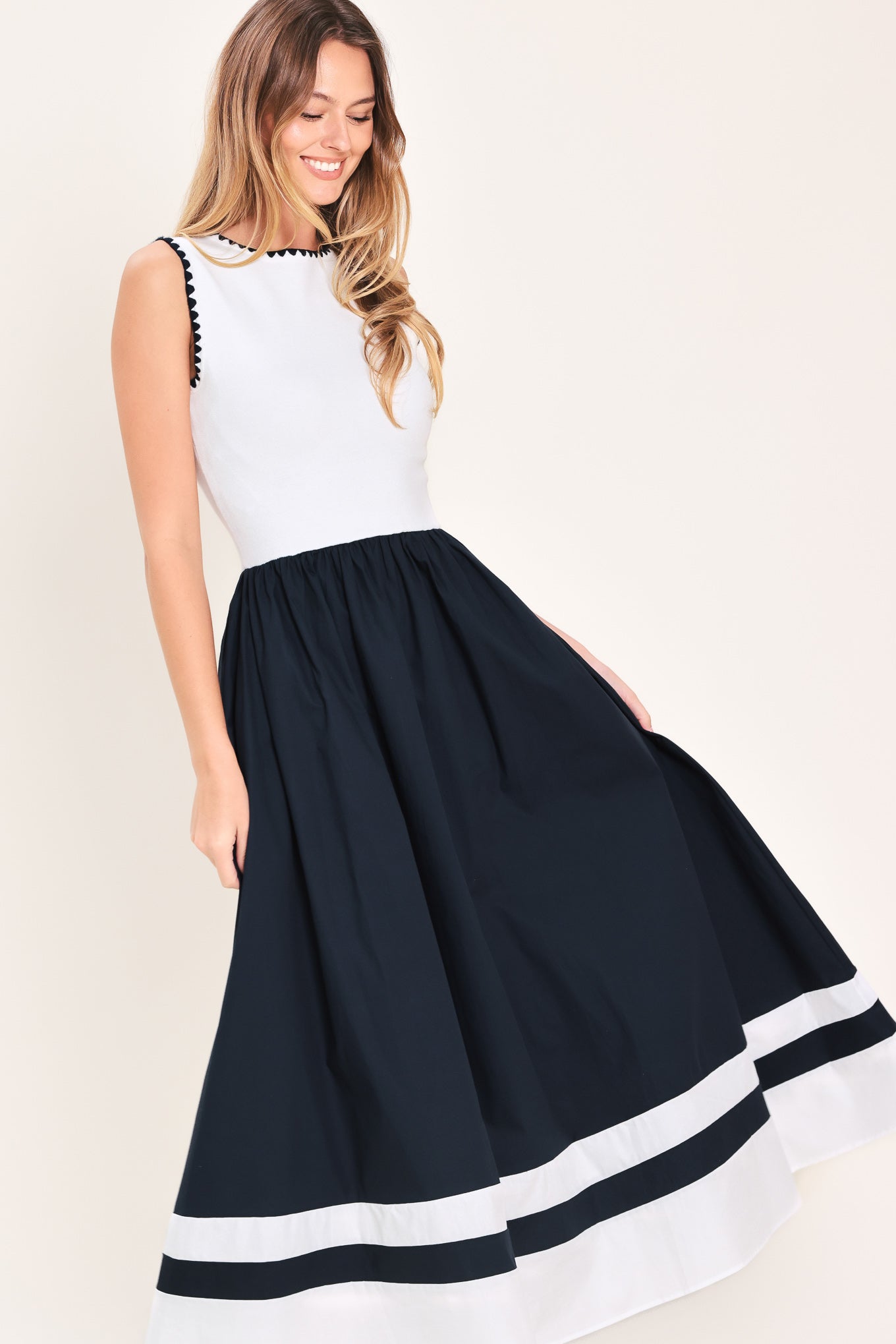 EVERYDAY ELEGANCE NAVY & WHITE MIDI DRESS - FINAL SALE