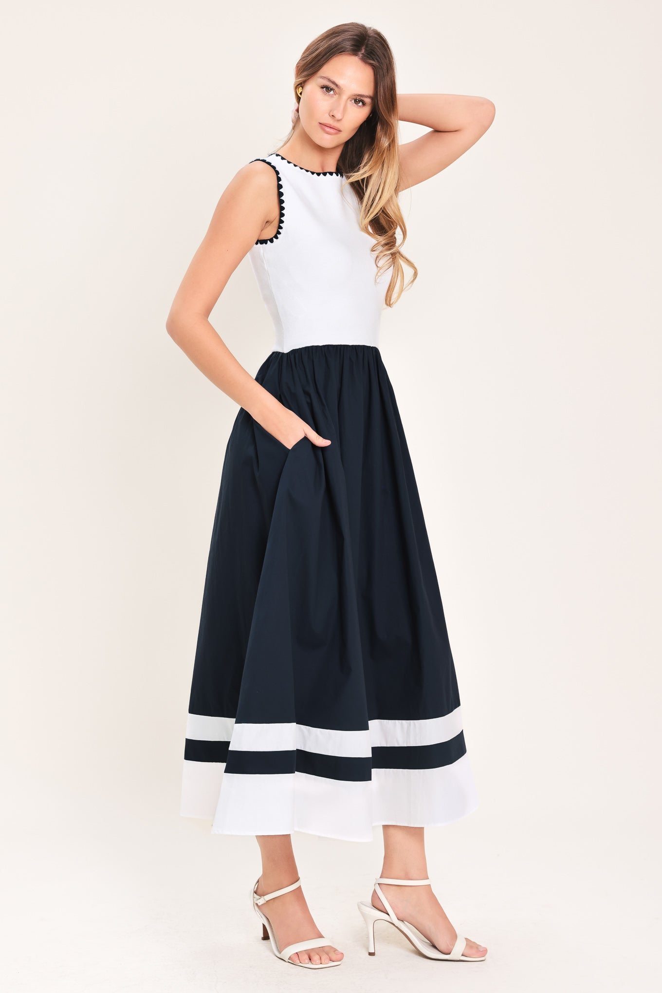 EVERYDAY ELEGANCE NAVY & WHITE MIDI DRESS - FINAL SALE