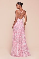 IRIS GOWN - BLUE - A-LINE SOFT CHIFFON PRINT DRESS