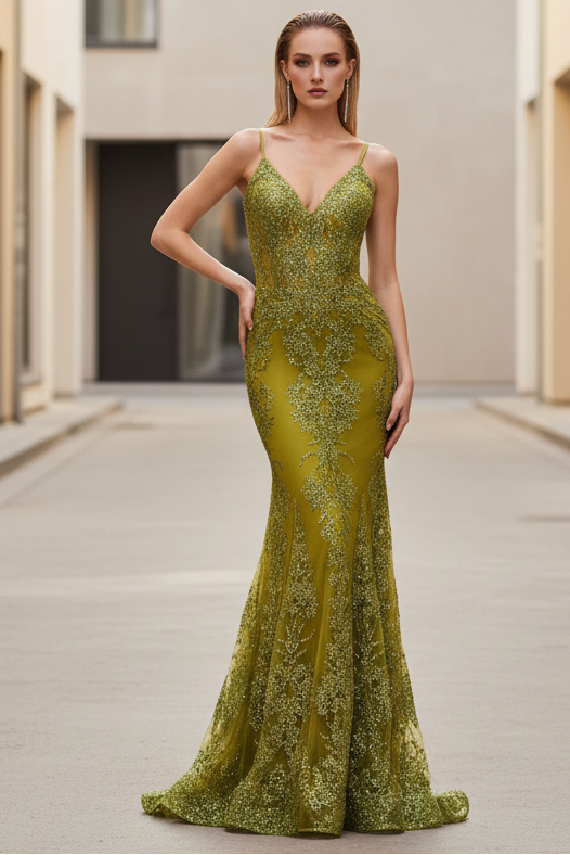 Lyra Gown - Greenery - FITTED FLORAL GLITTER PRINT CORSET GOWN
