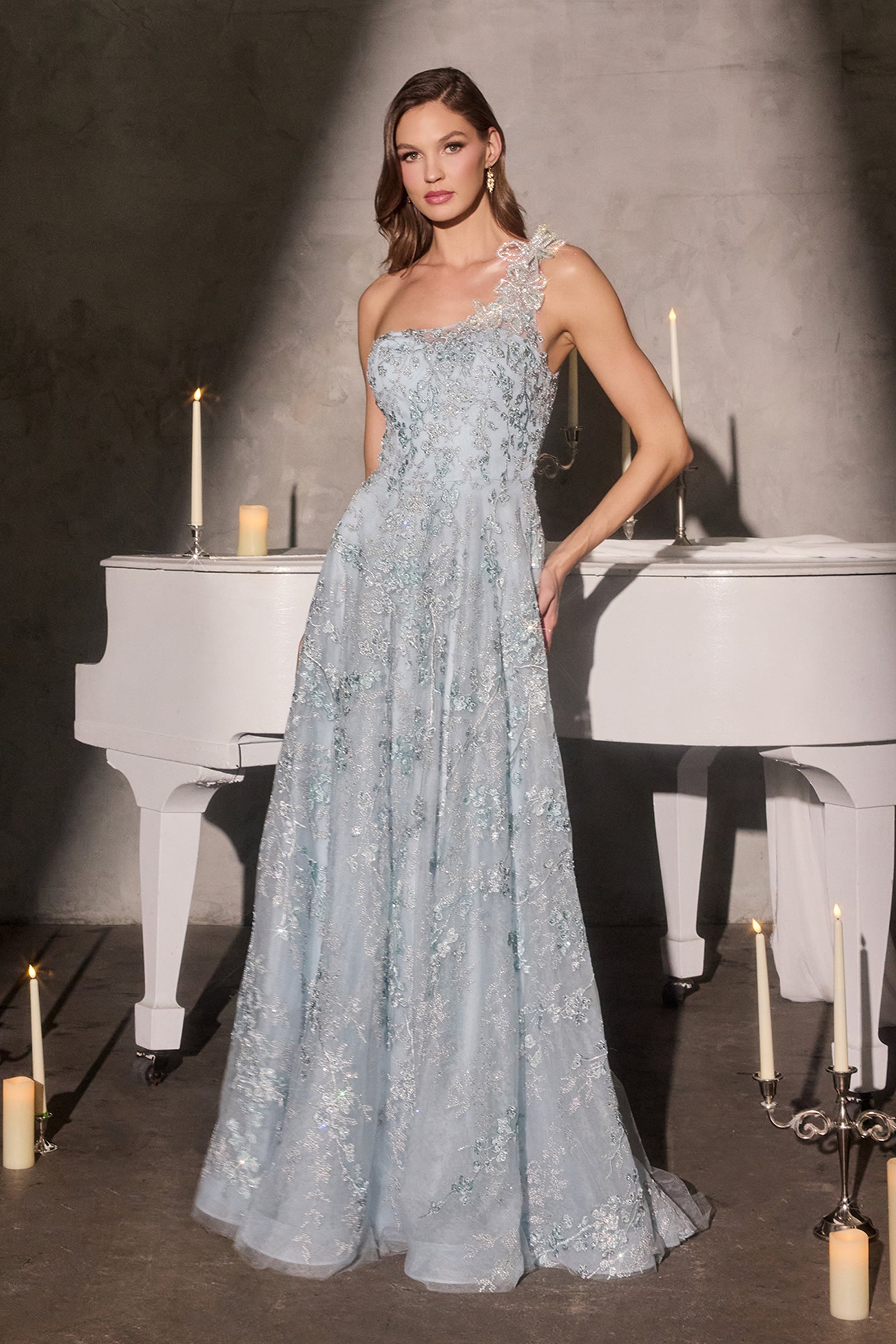 June A-line Gown - One Shoulder Floral Appliqué Evening Dress