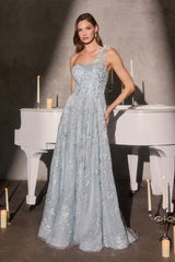 June A-line Gown - One Shoulder Floral Appliqué Evening Dress