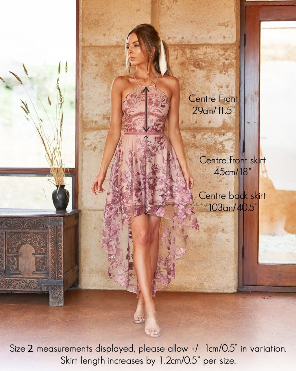 Jennifer Dress - Embroidered Floral High-Low Hemline
