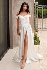 JILLIAN GOWN - OFF WHITE - A-LINE SOFT SATIN OFF THE SHOULDER DRESS
