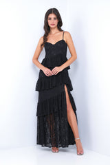 Vanna Lace Tiered Maxi Dress - Black