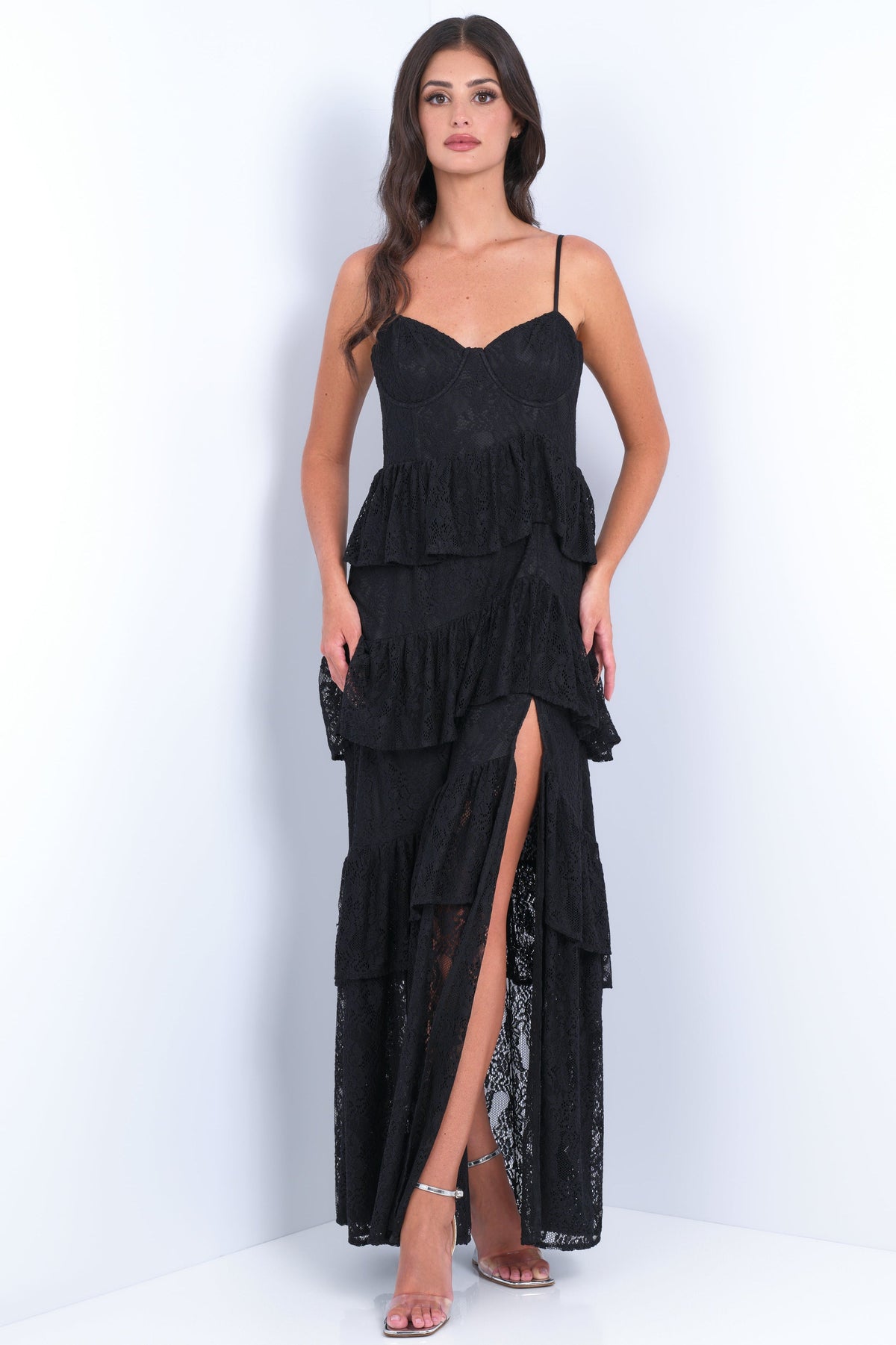 Vanna Lace Tiered Maxi Dress - Black