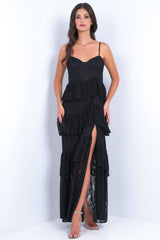 Vanna Lace Tiered Maxi Dress - Black