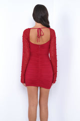 Athena Pearl Sleeve Mini Dress - Deep Red