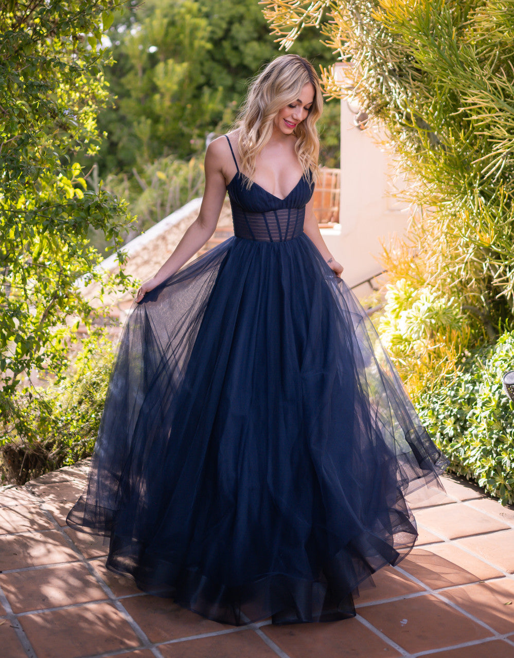 Yasmin Gown - Navy - Tulle A-line Dress With Pleated Bodice