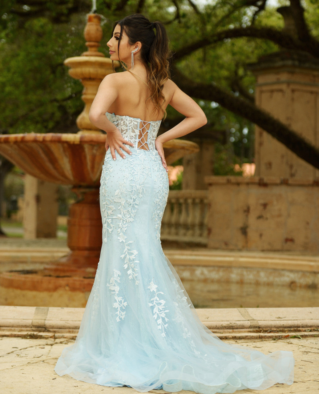 Reva Corset Gown - Light Blue Floral Lace Dress