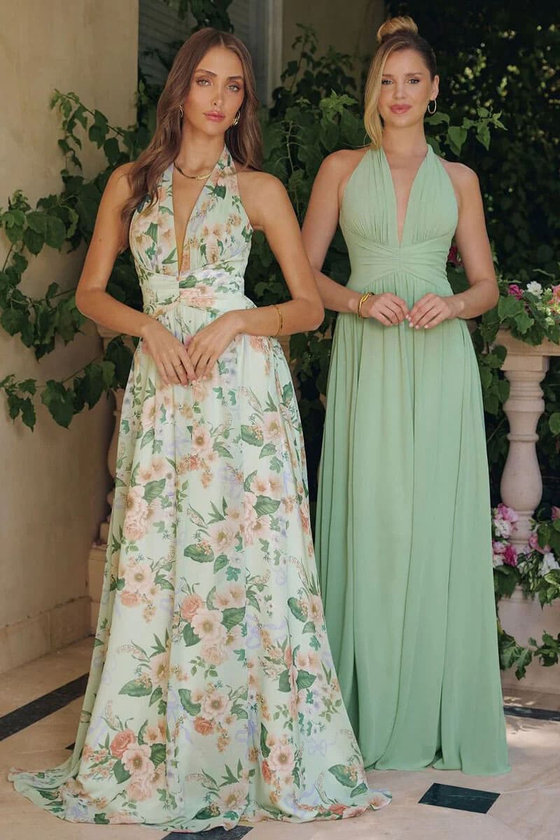 SAGE FLORAL CHEYENNE GOWN - CHIFFON HALTER DRESS
