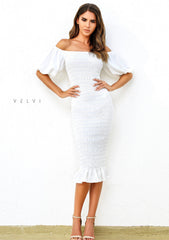 Skyla Shirred Midi Dress - WHITE