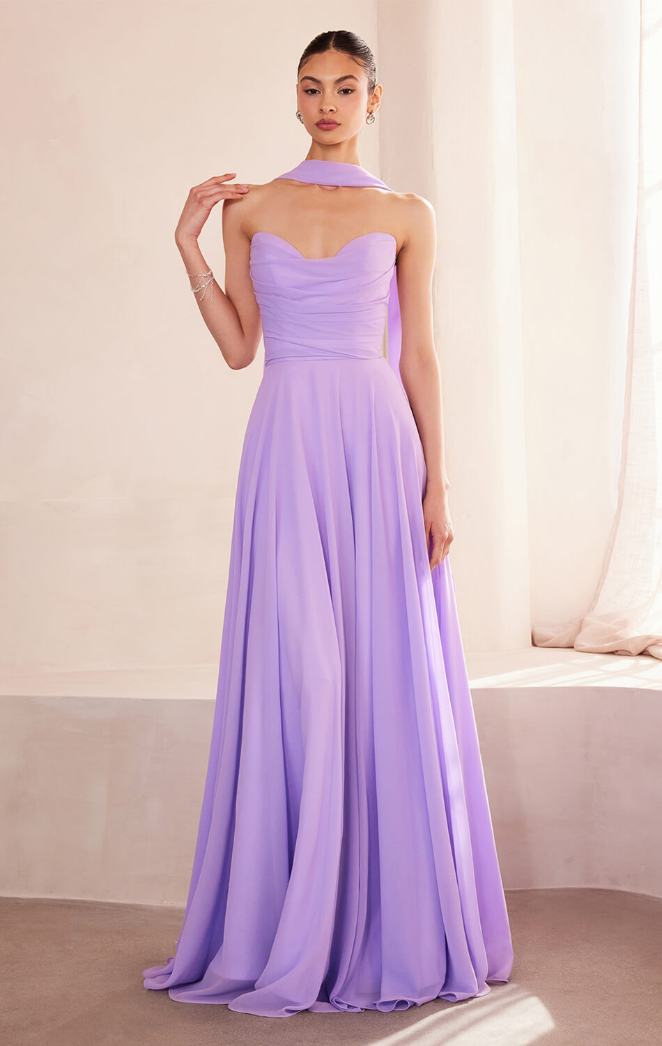 Ella Gown - A-line Strapless Chiffon Dress With Scarf