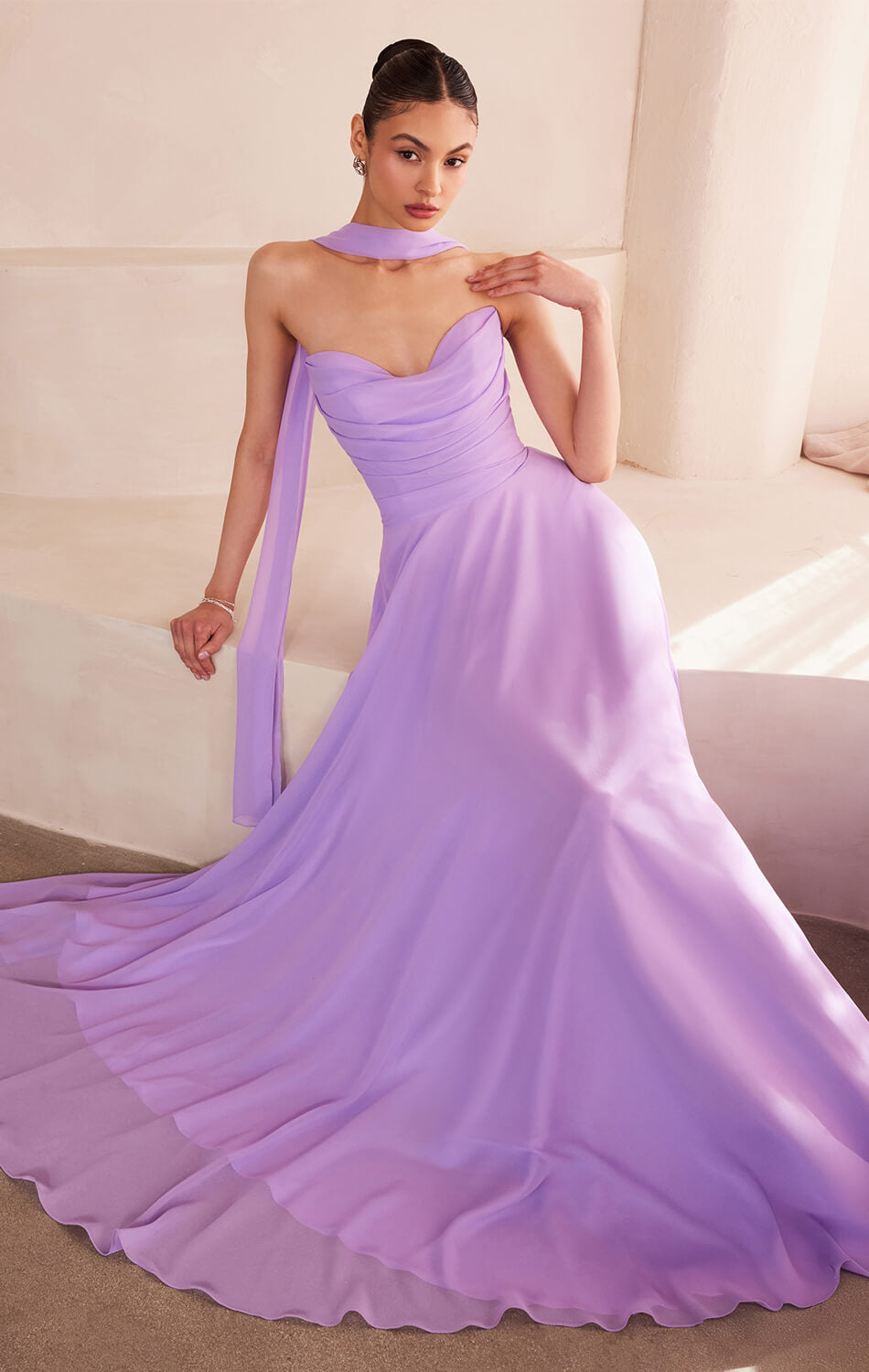 Ella Gown - A-line Strapless Chiffon Dress With Scarf