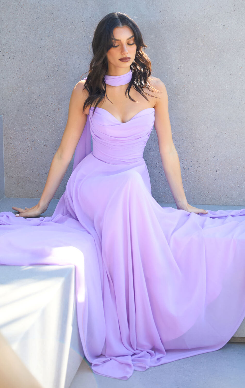 Ella Gown - A-line Strapless Chiffon Dress With Scarf