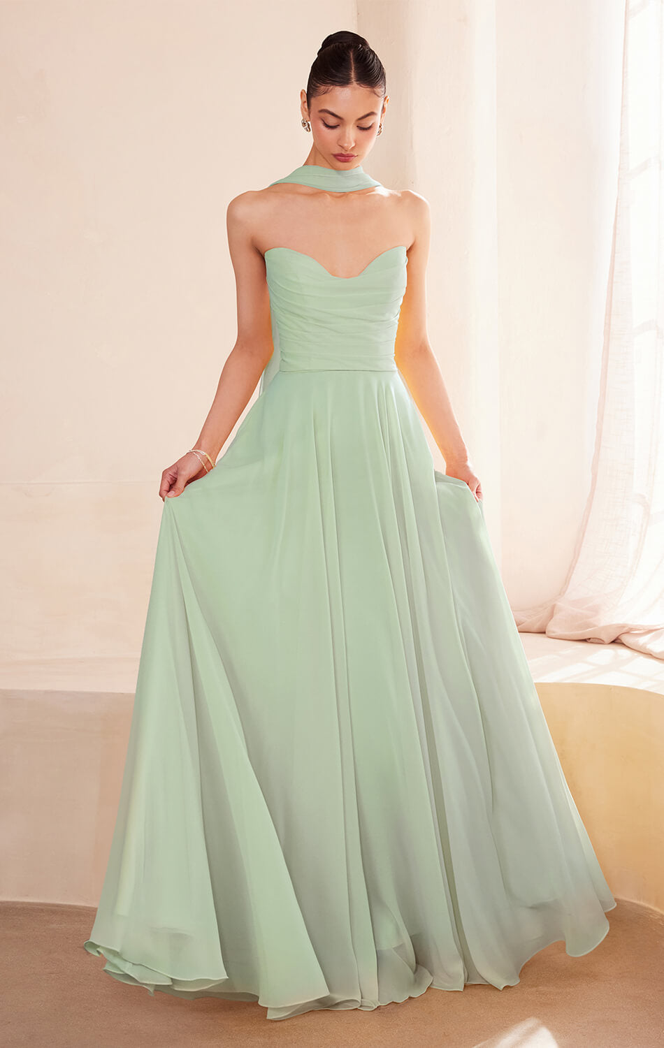 Ella Gown - A-line Strapless Chiffon Dress With Scarf